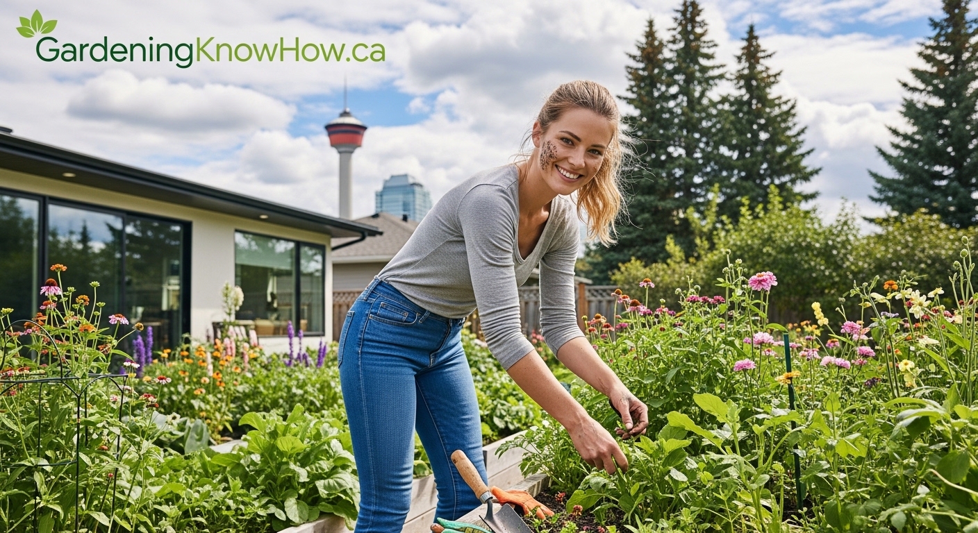 Woman harvesting vegetables in a Calgary rooftop garden